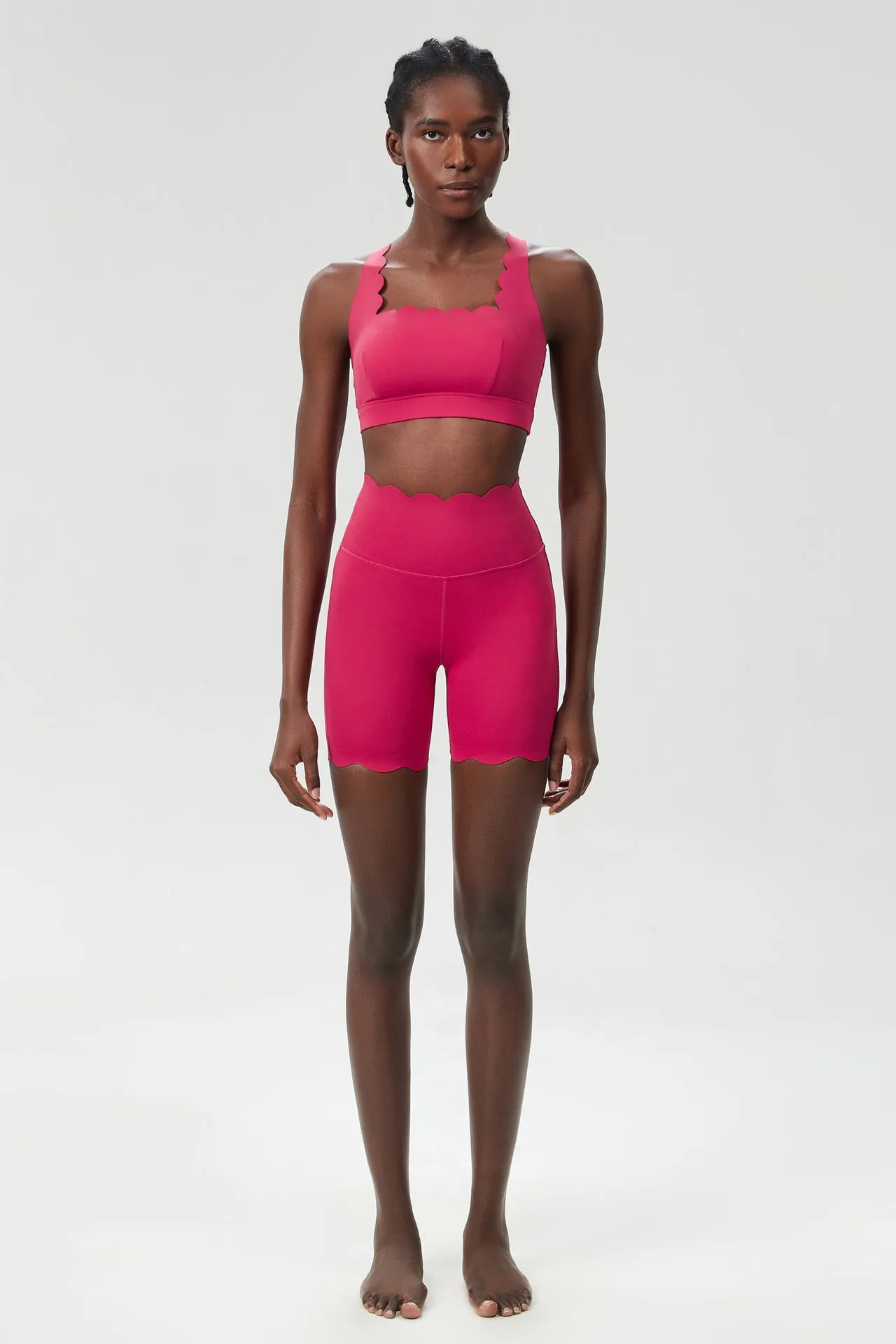 Scallop-Edge High-Waisted Biker Shorts and Sports Bra Activewear Set