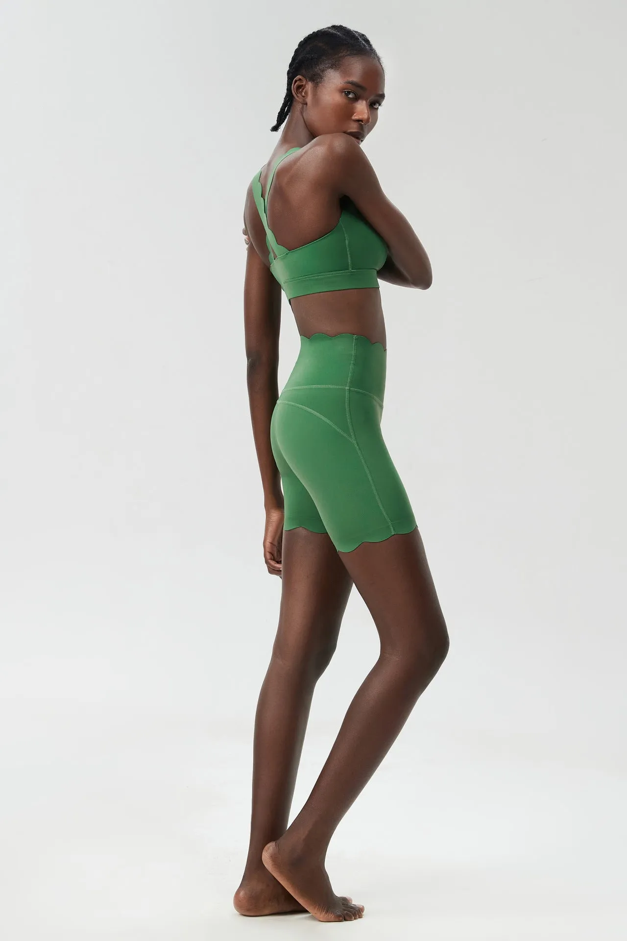 Scallop-Edge High-Waisted Biker Shorts and Sports Bra Activewear Set