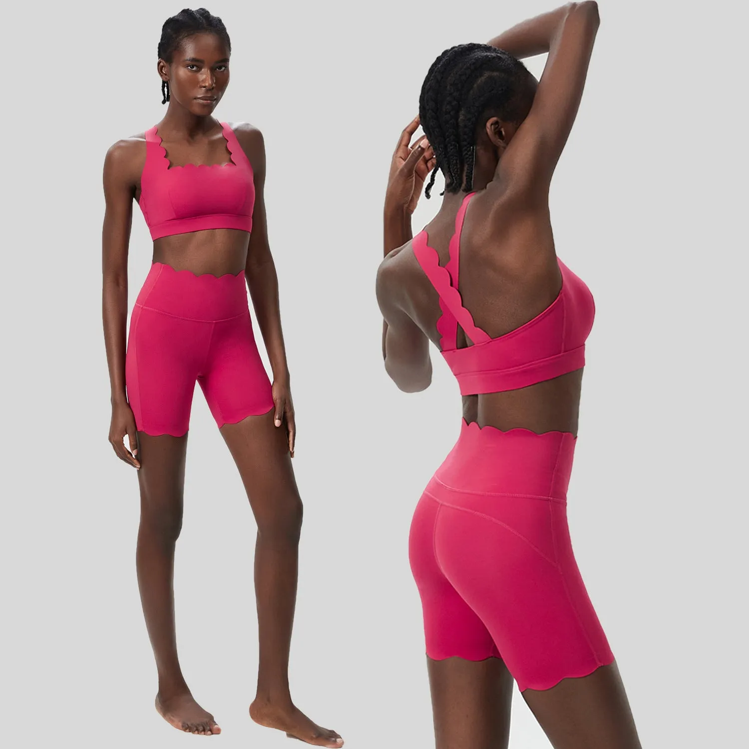 Scallop-Edge High-Waisted Biker Shorts and Sports Bra Activewear Set