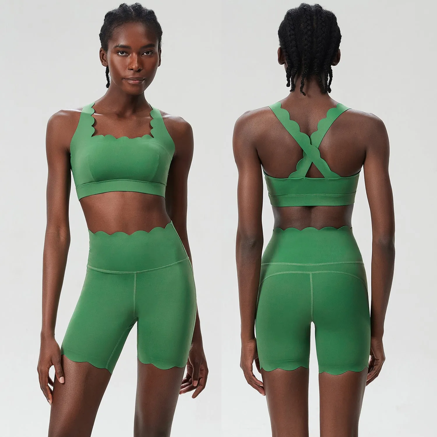 Scallop-Edge High-Waisted Biker Shorts and Sports Bra Activewear Set