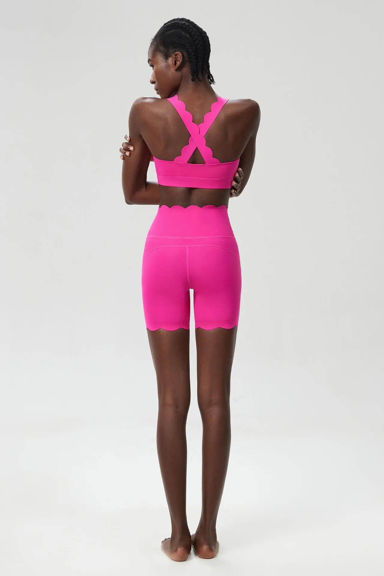 Scallop-Edge High-Waisted Biker Shorts and Sports Bra Activewear Set