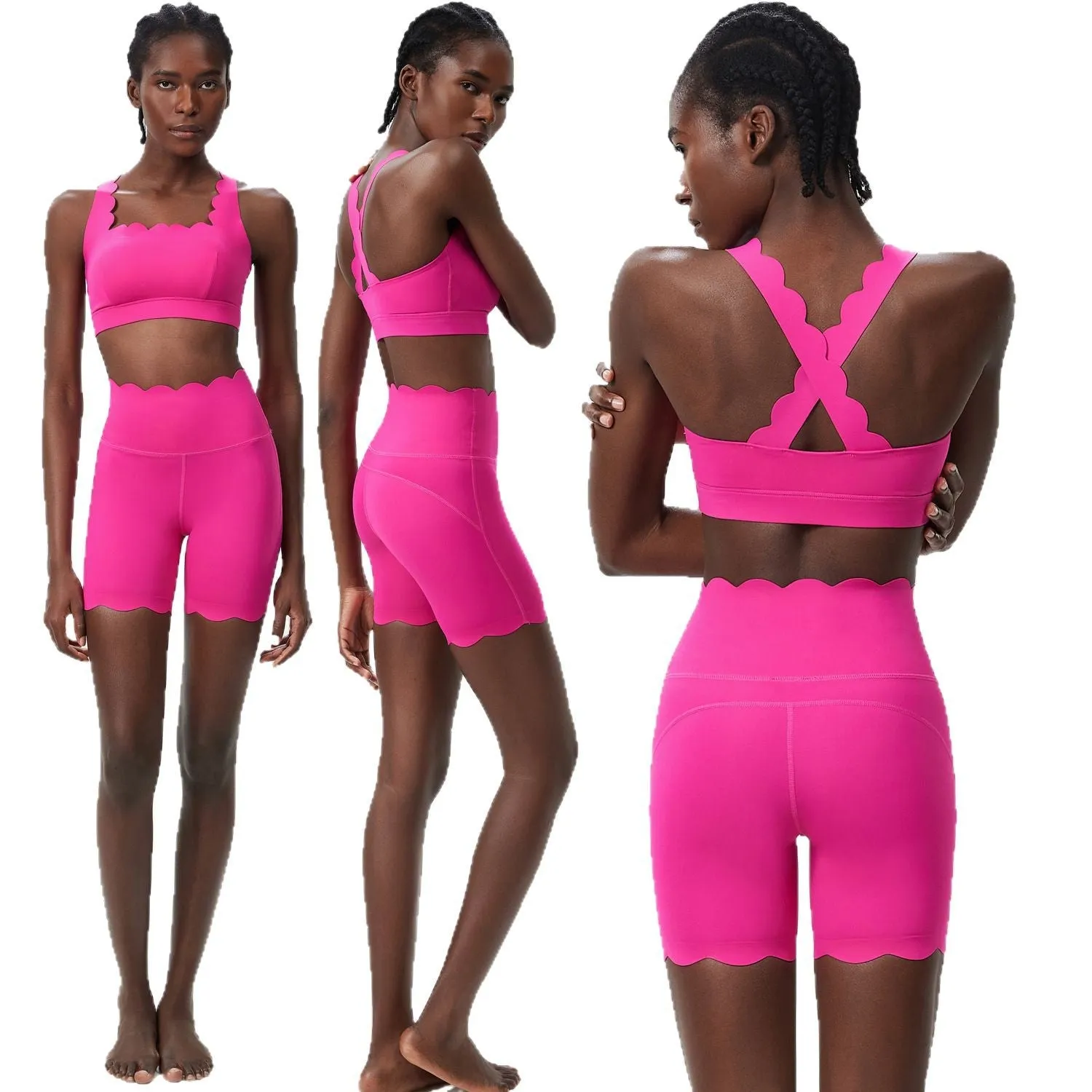 Scallop-Edge High-Waisted Biker Shorts and Sports Bra Activewear Set