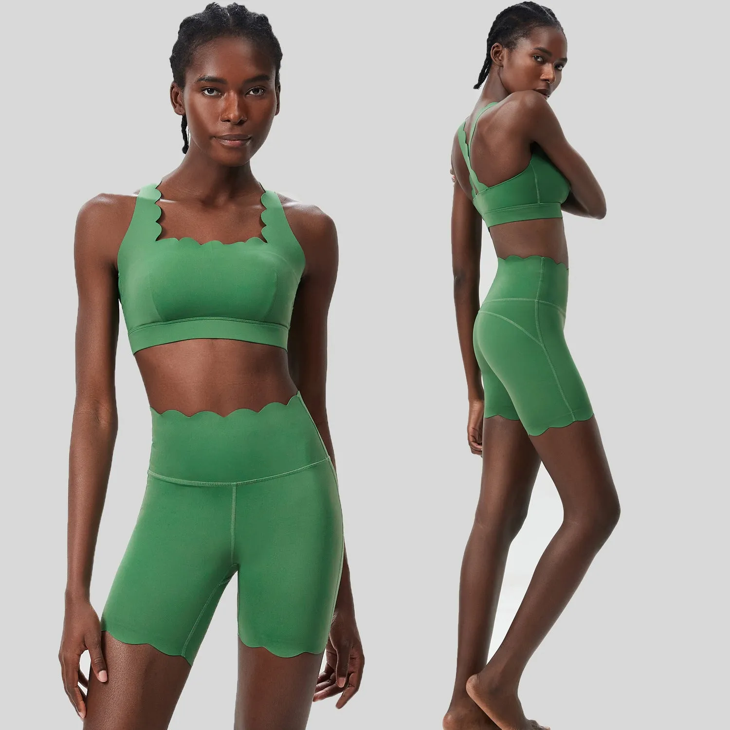 Scallop-Edge High-Waisted Biker Shorts and Sports Bra Activewear Set