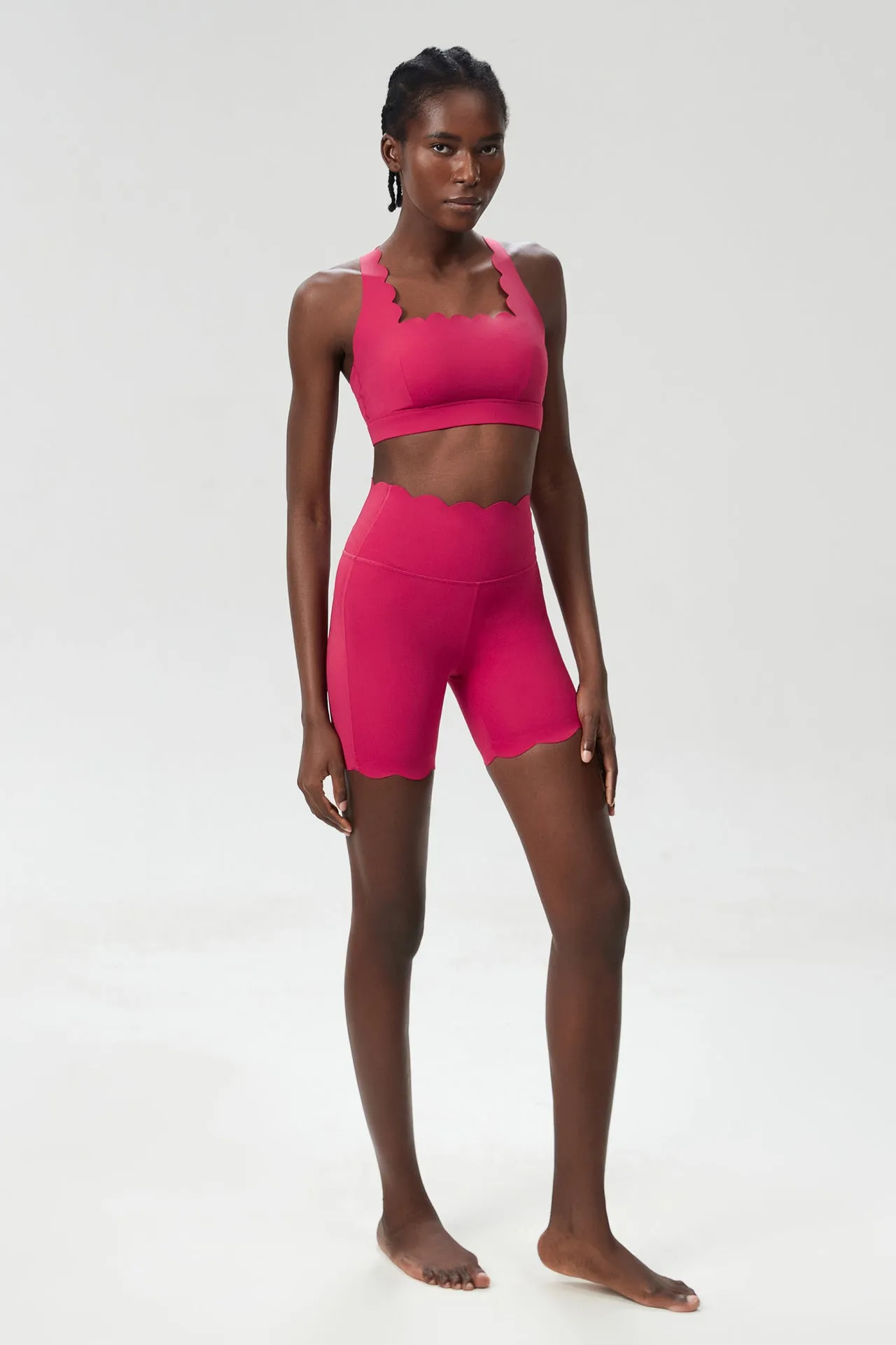 Scallop-Edge High-Waisted Biker Shorts and Sports Bra Activewear Set