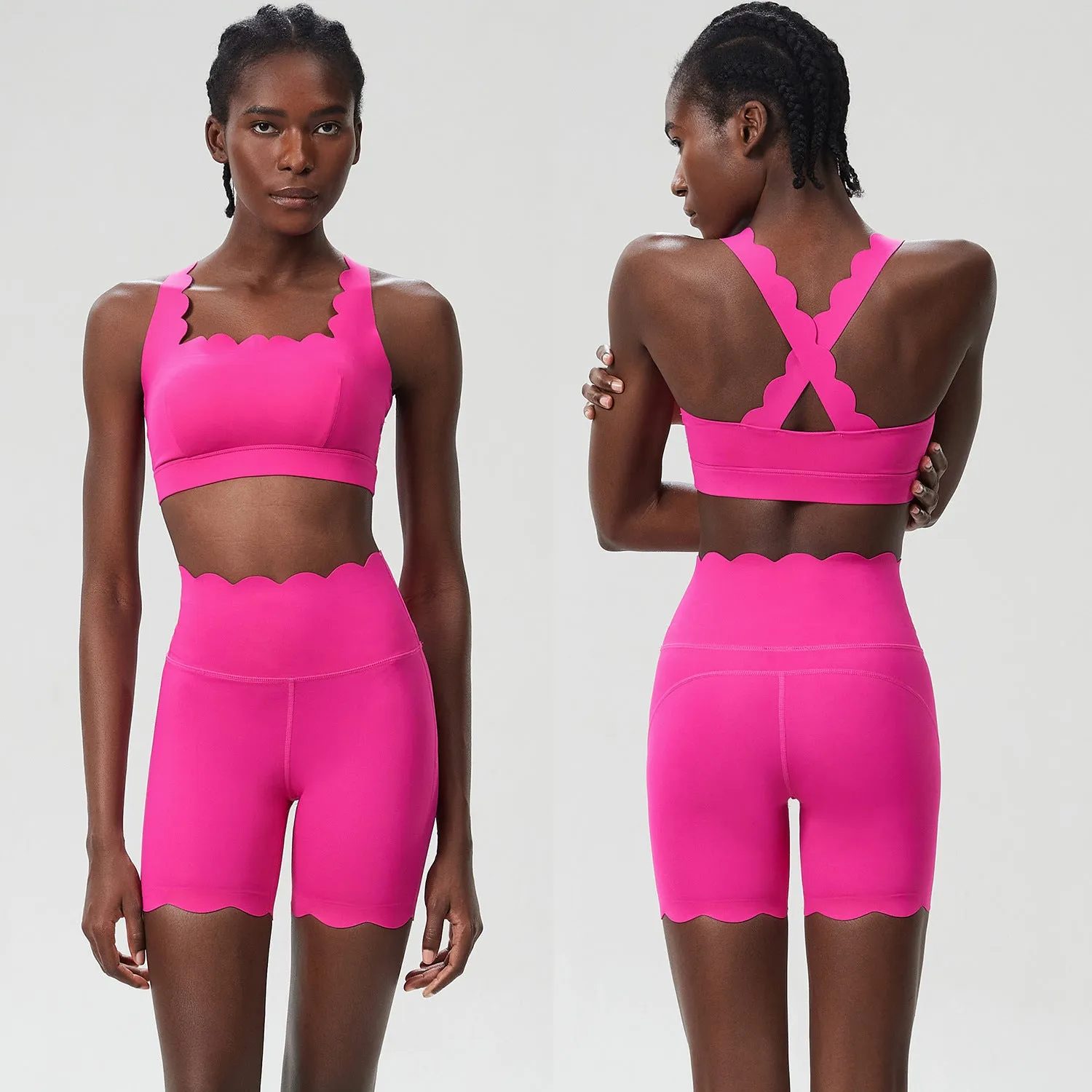 Scallop-Edge High-Waisted Biker Shorts and Sports Bra Activewear Set