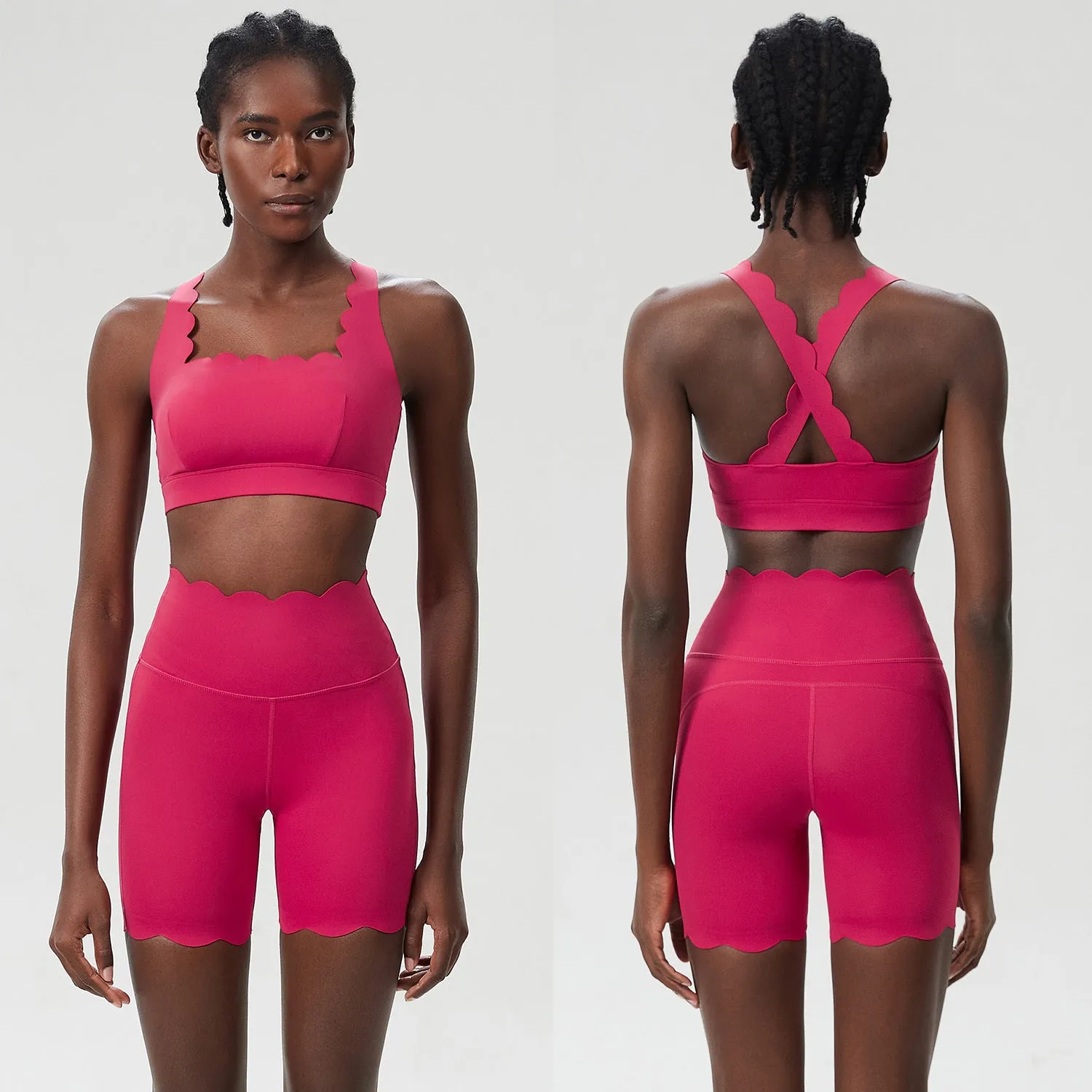 Scallop-Edge High-Waisted Biker Shorts and Sports Bra Activewear Set