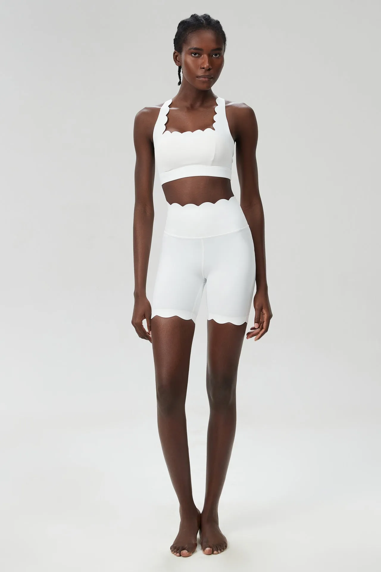 Scallop-Edge High-Waisted Biker Shorts and Sports Bra Activewear Set