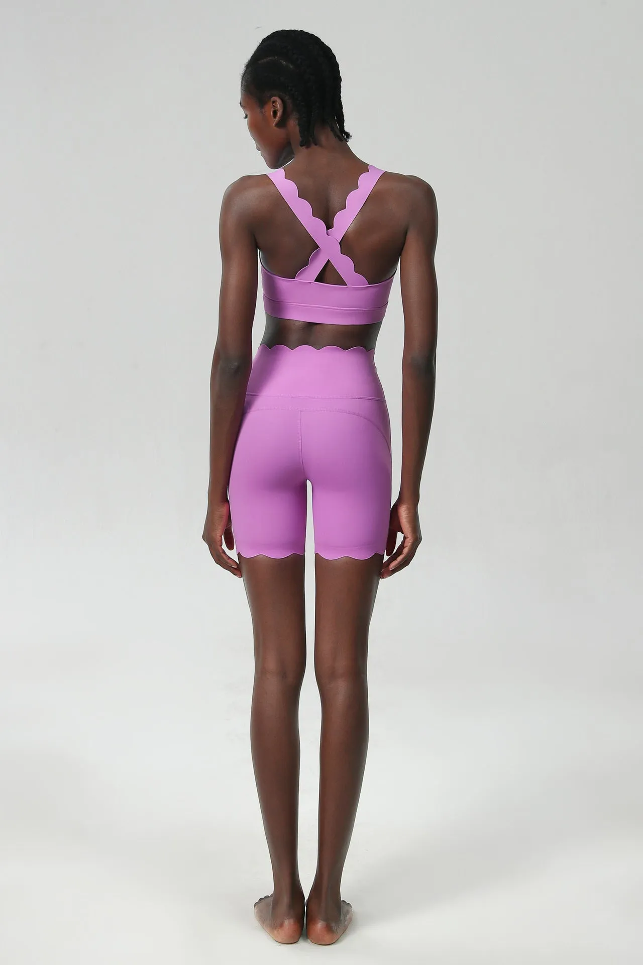 Scallop-Edge High-Waisted Biker Shorts and Sports Bra Activewear Set