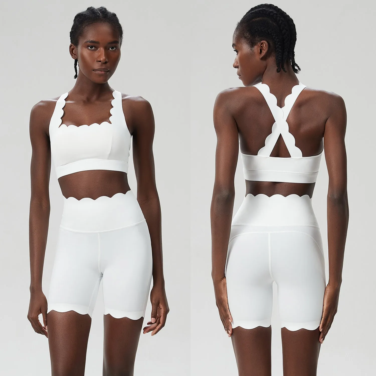 Scallop-Edge High-Waisted Biker Shorts and Sports Bra Activewear Set