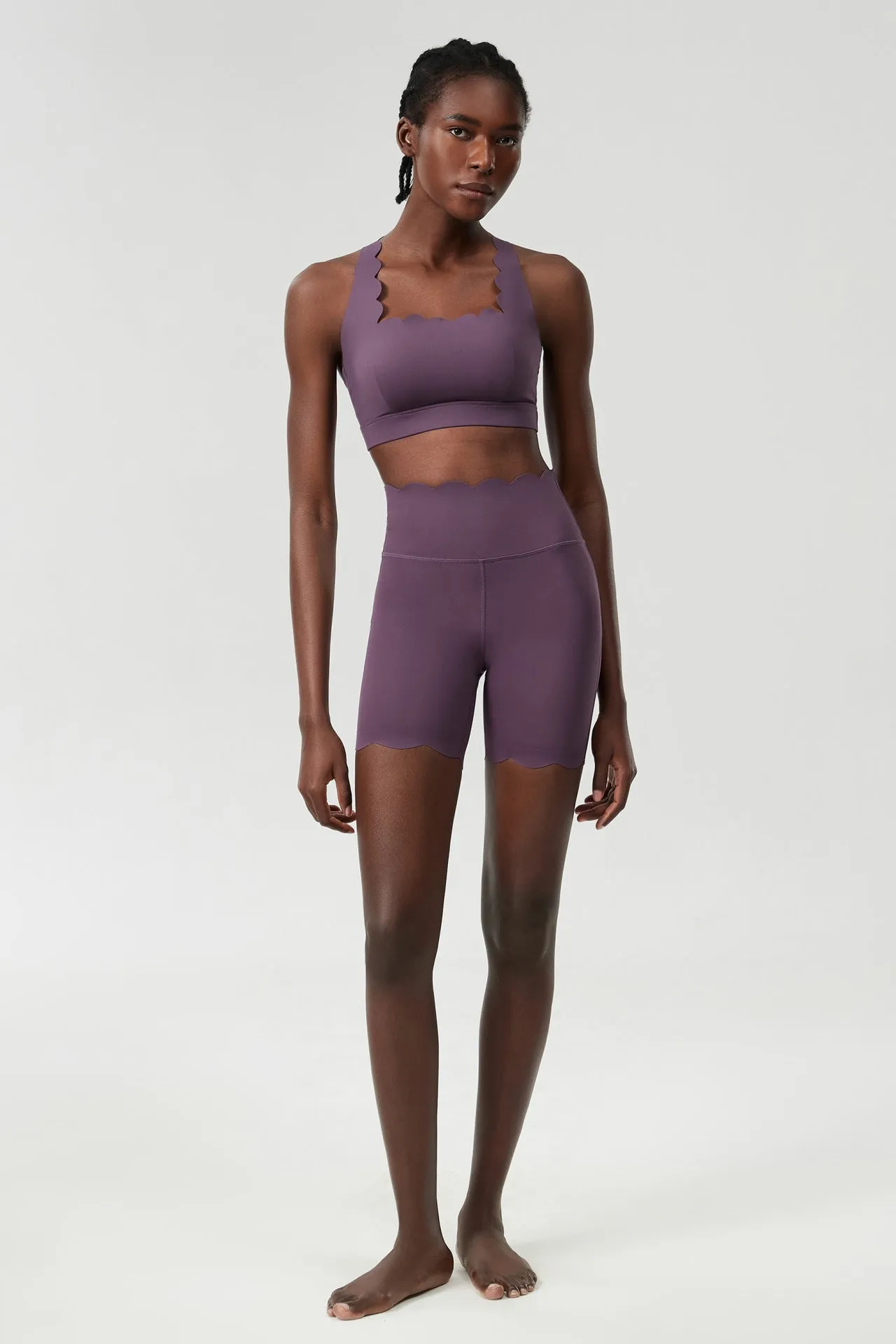 Scallop-Edge High-Waisted Biker Shorts and Sports Bra Activewear Set