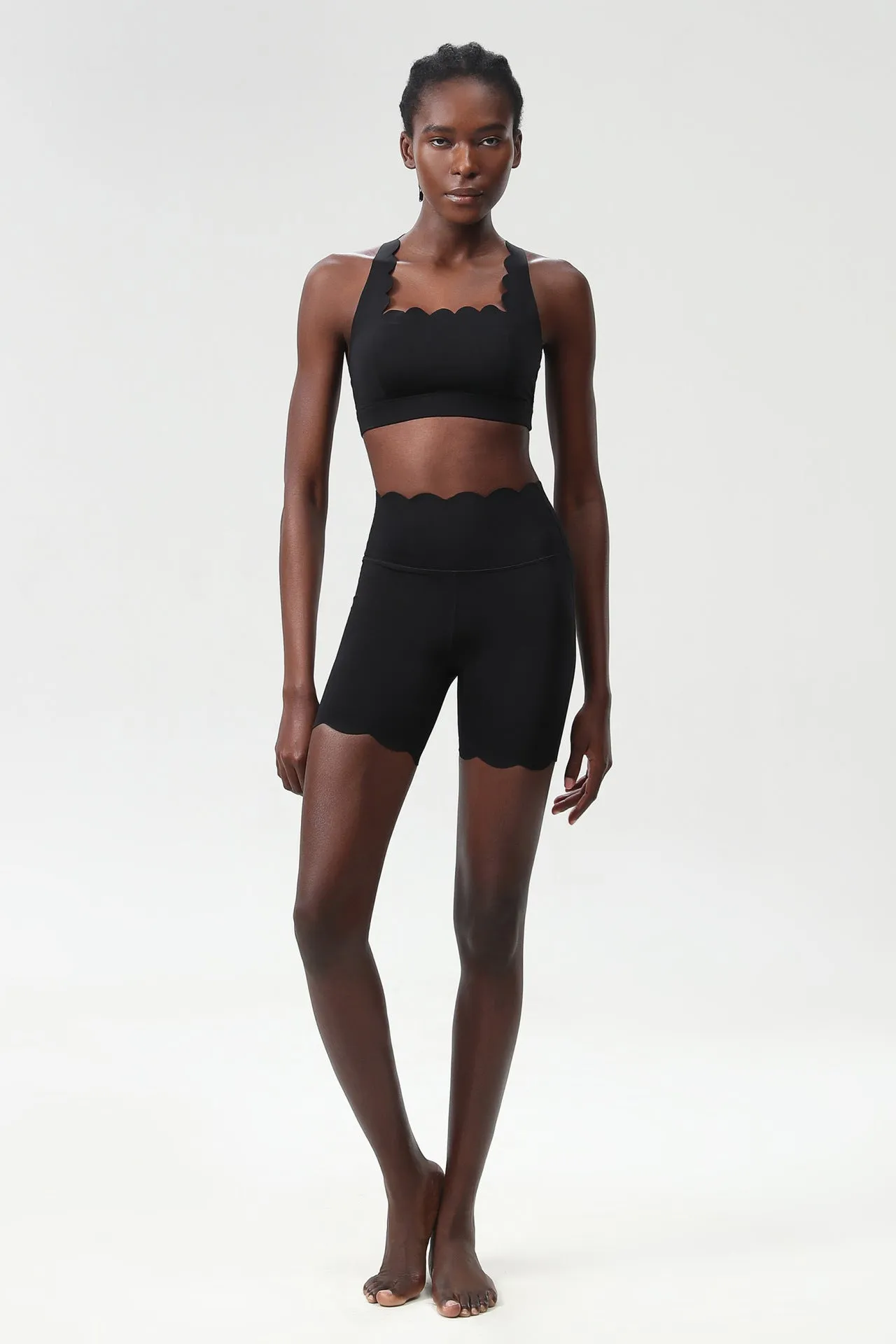 Scallop-Edge High-Waisted Biker Shorts and Sports Bra Activewear Set