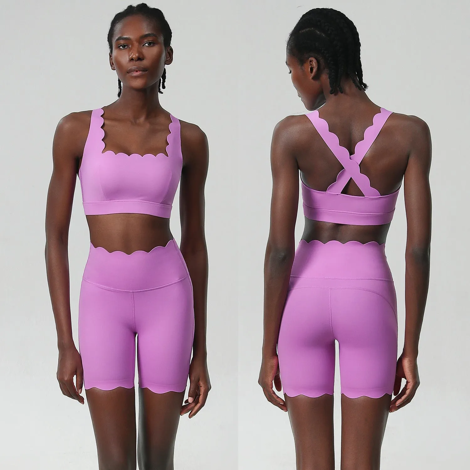 Scallop-Edge High-Waisted Biker Shorts and Sports Bra Activewear Set