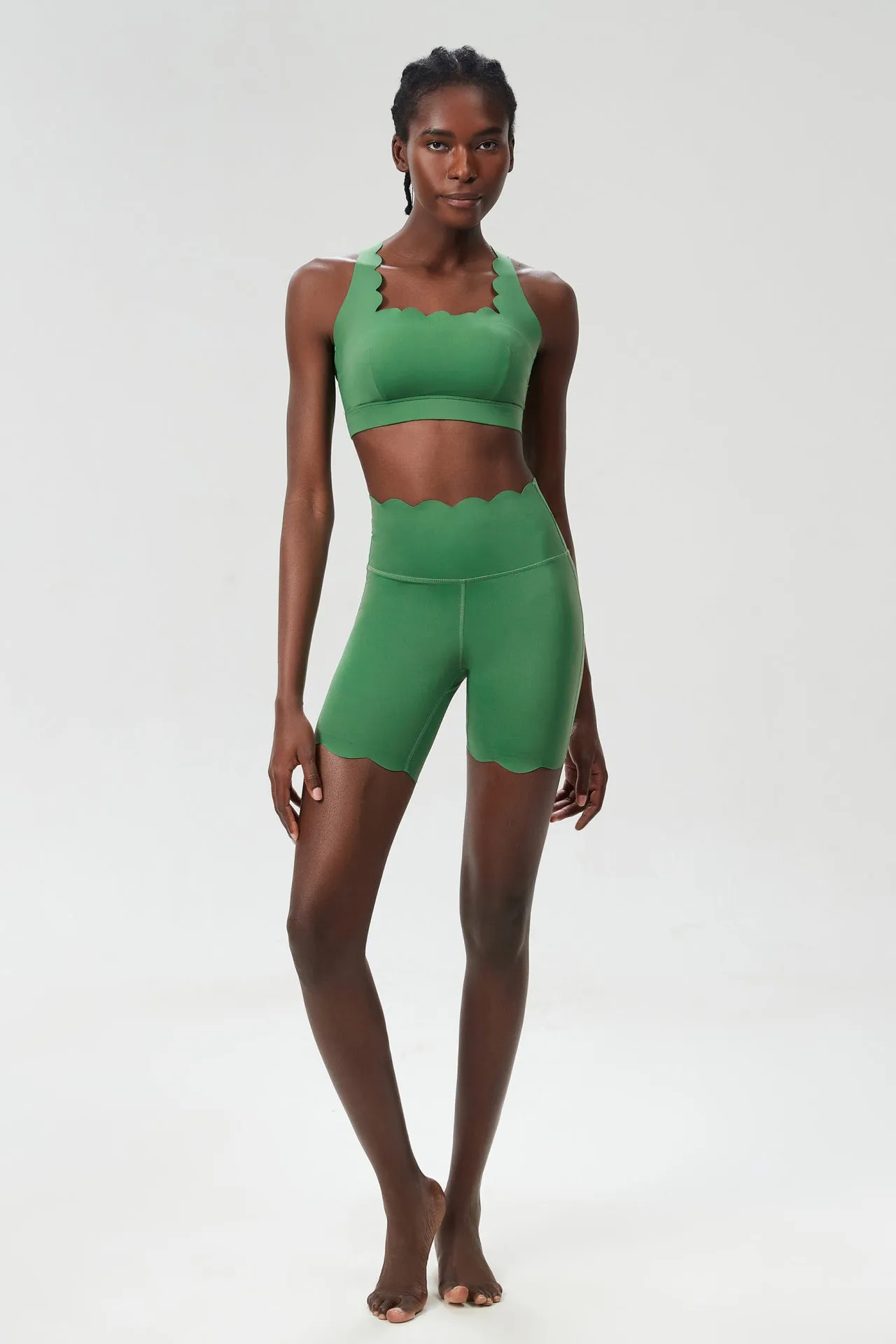 Scallop-Edge High-Waisted Biker Shorts and Sports Bra Activewear Set