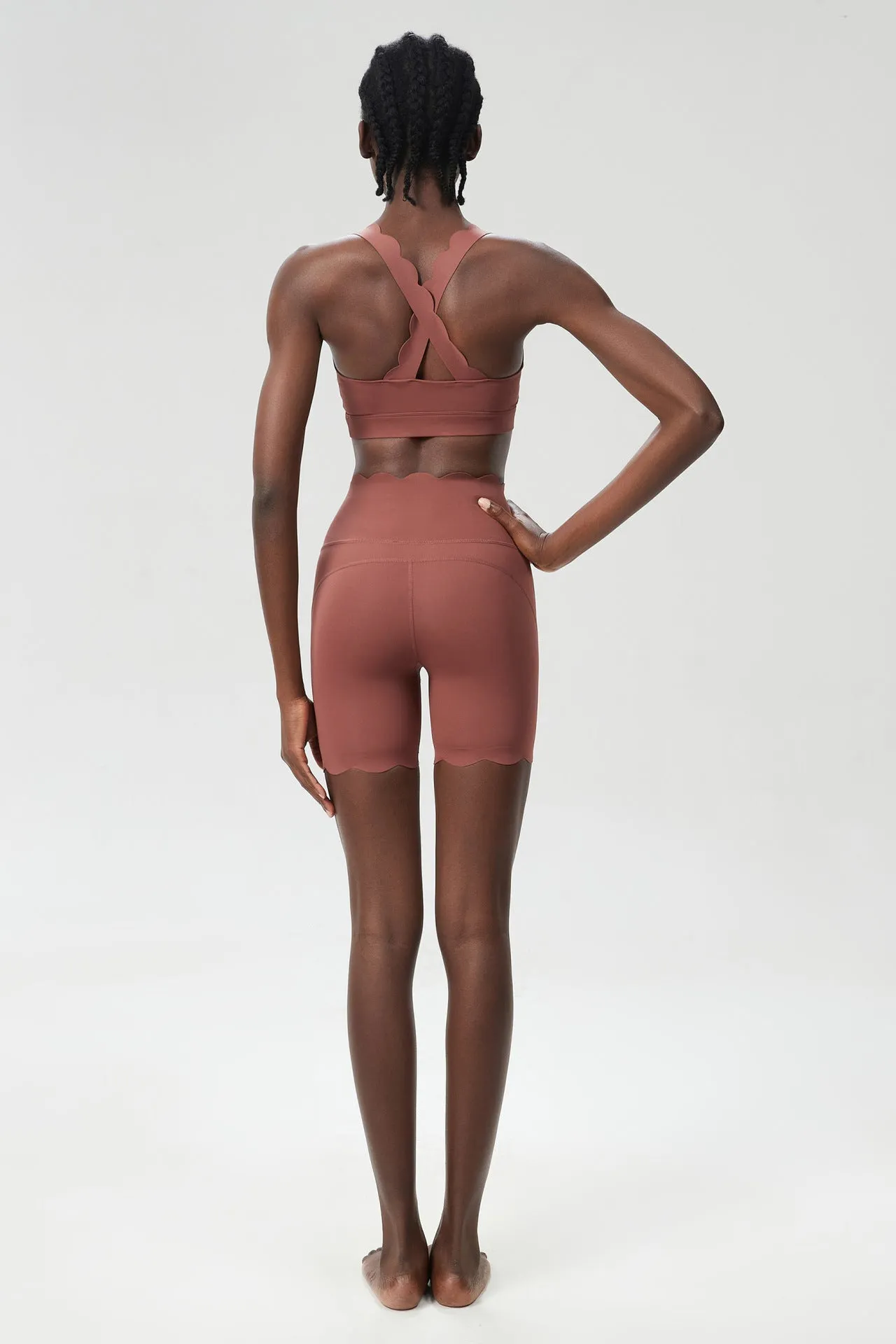 Scallop-Edge High-Waisted Biker Shorts and Sports Bra Activewear Set