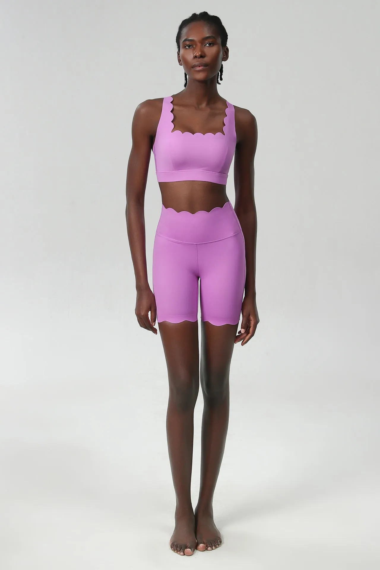 Scallop-Edge High-Waisted Biker Shorts and Sports Bra Activewear Set