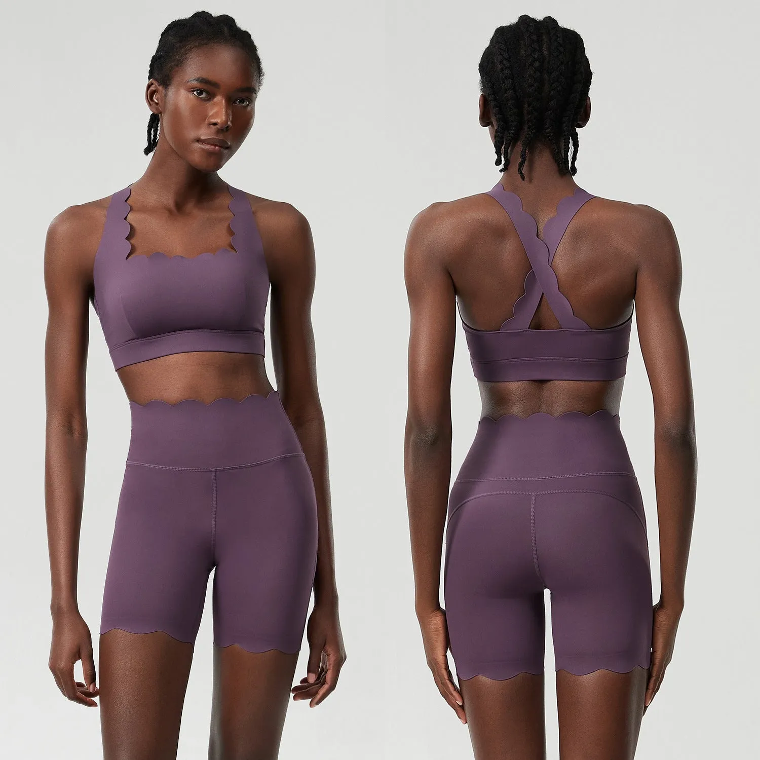 Scallop-Edge High-Waisted Biker Shorts and Sports Bra Activewear Set
