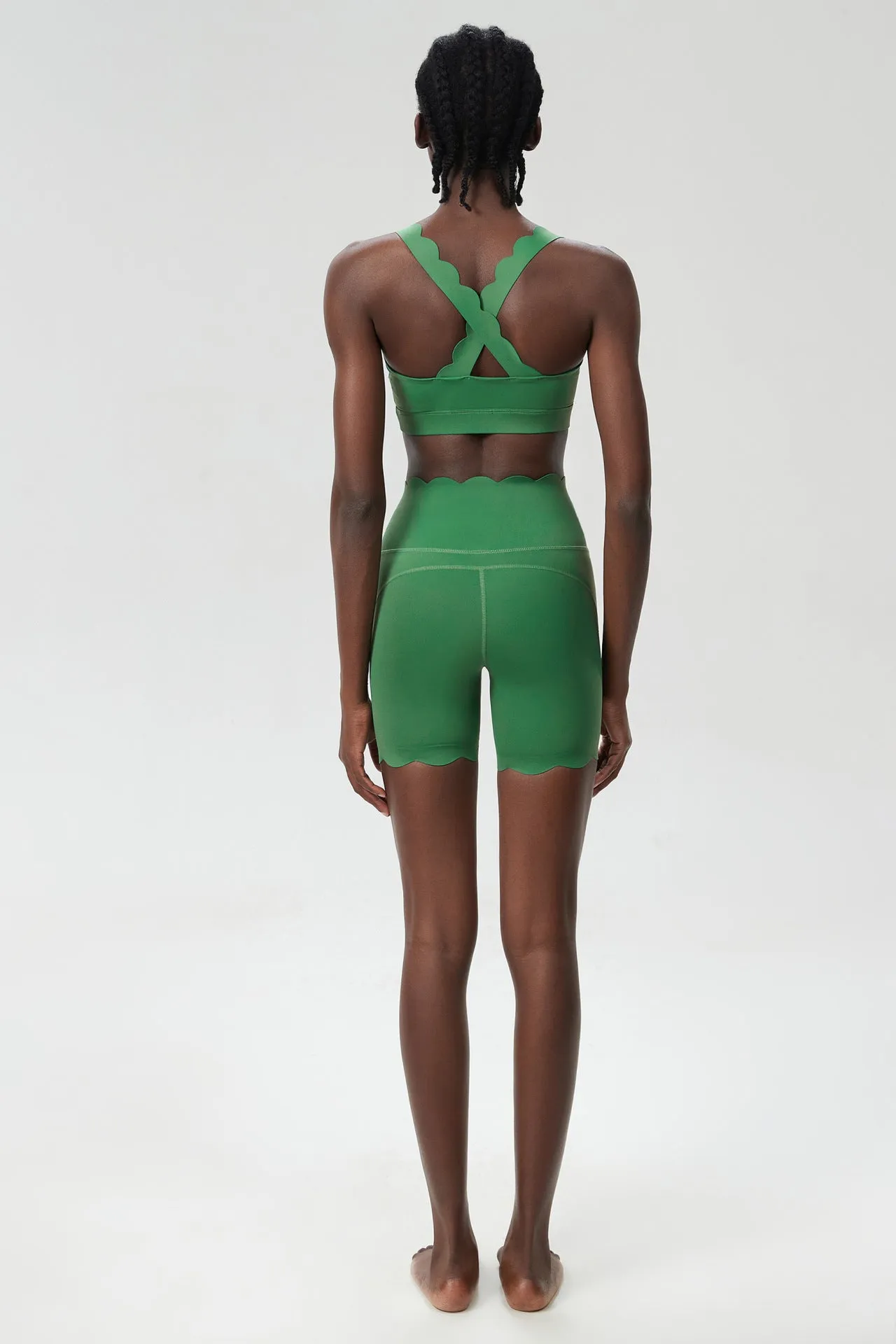 Scallop-Edge High-Waisted Biker Shorts and Sports Bra Activewear Set