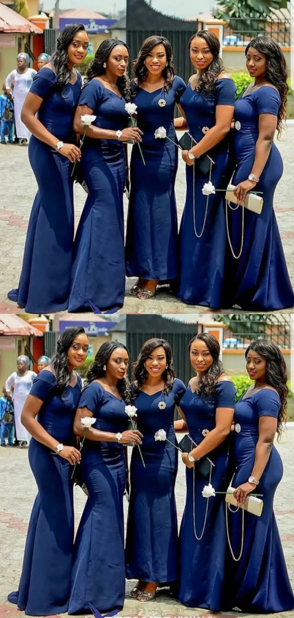 Sexy V-neck Short Sleeve Mermaid Satin Bridesmaid Dresses Online, BG8479