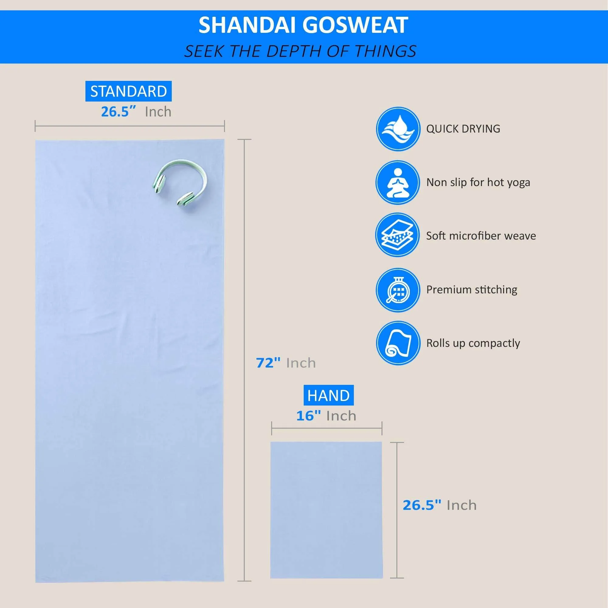 Shandali Hot Yoga Towel - Suede, 100% Microfiber, Super Absorbent, Bikram Yoga Towel, Placid Blue - 26.5 x 72