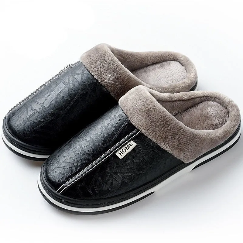 slippers Home Winter Indoor Warm Shoes Thick Bottom Plush  Waterproof Leather House slippers man Cotton shoes