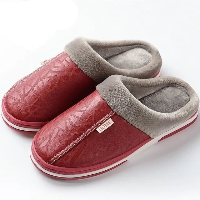 slippers Home Winter Indoor Warm Shoes Thick Bottom Plush  Waterproof Leather House slippers man Cotton shoes