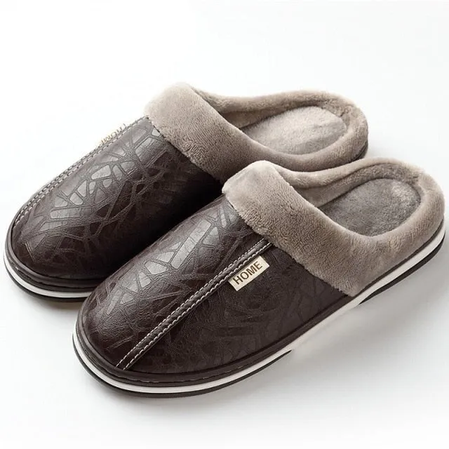 slippers Home Winter Indoor Warm Shoes Thick Bottom Plush  Waterproof Leather House slippers man Cotton shoes