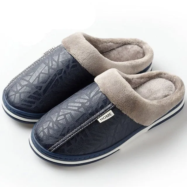 slippers Home Winter Indoor Warm Shoes Thick Bottom Plush  Waterproof Leather House slippers man Cotton shoes