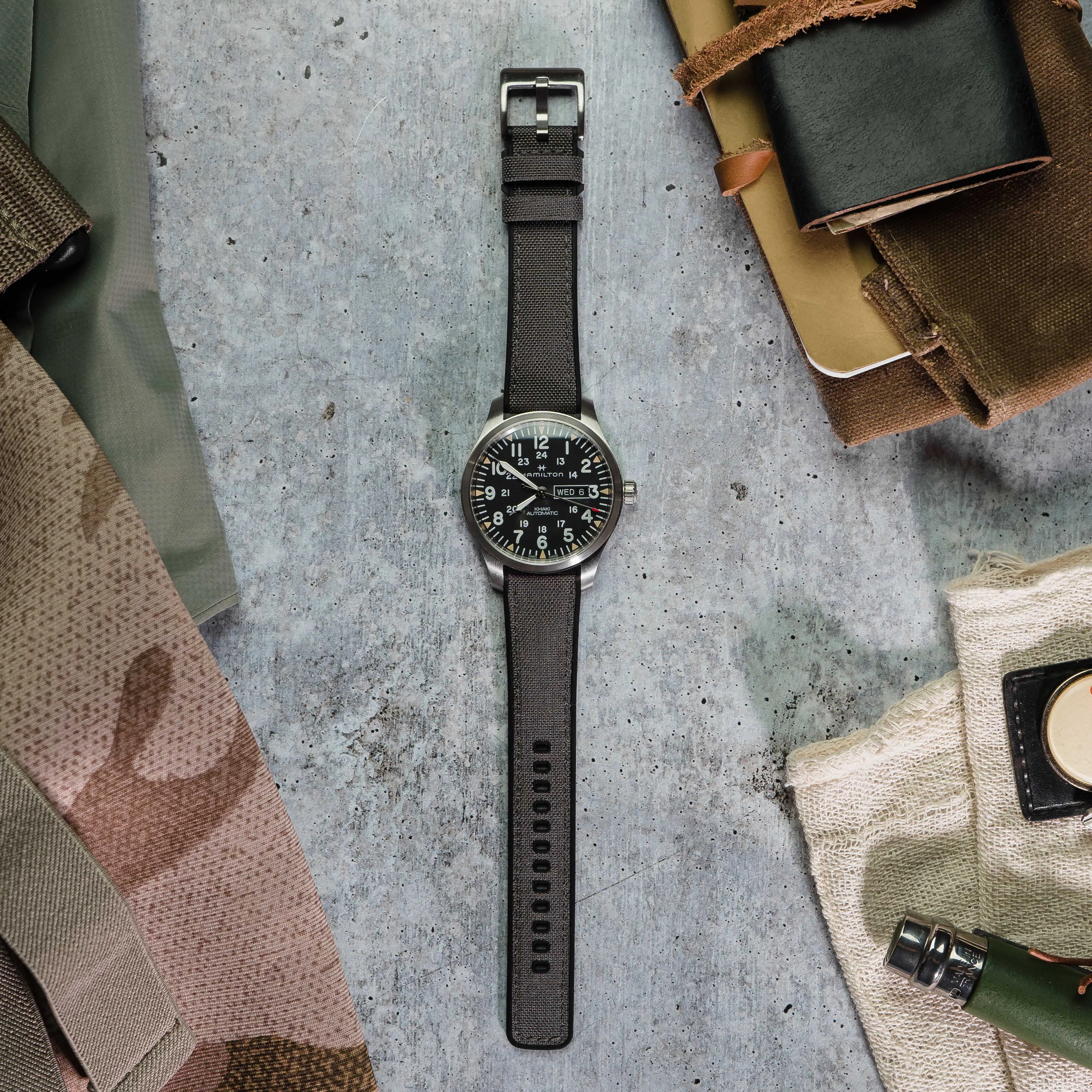 Smoke Grey Cordura Fabric And Silicone Hybrid Watch Band (19mm, 23mm SALE)