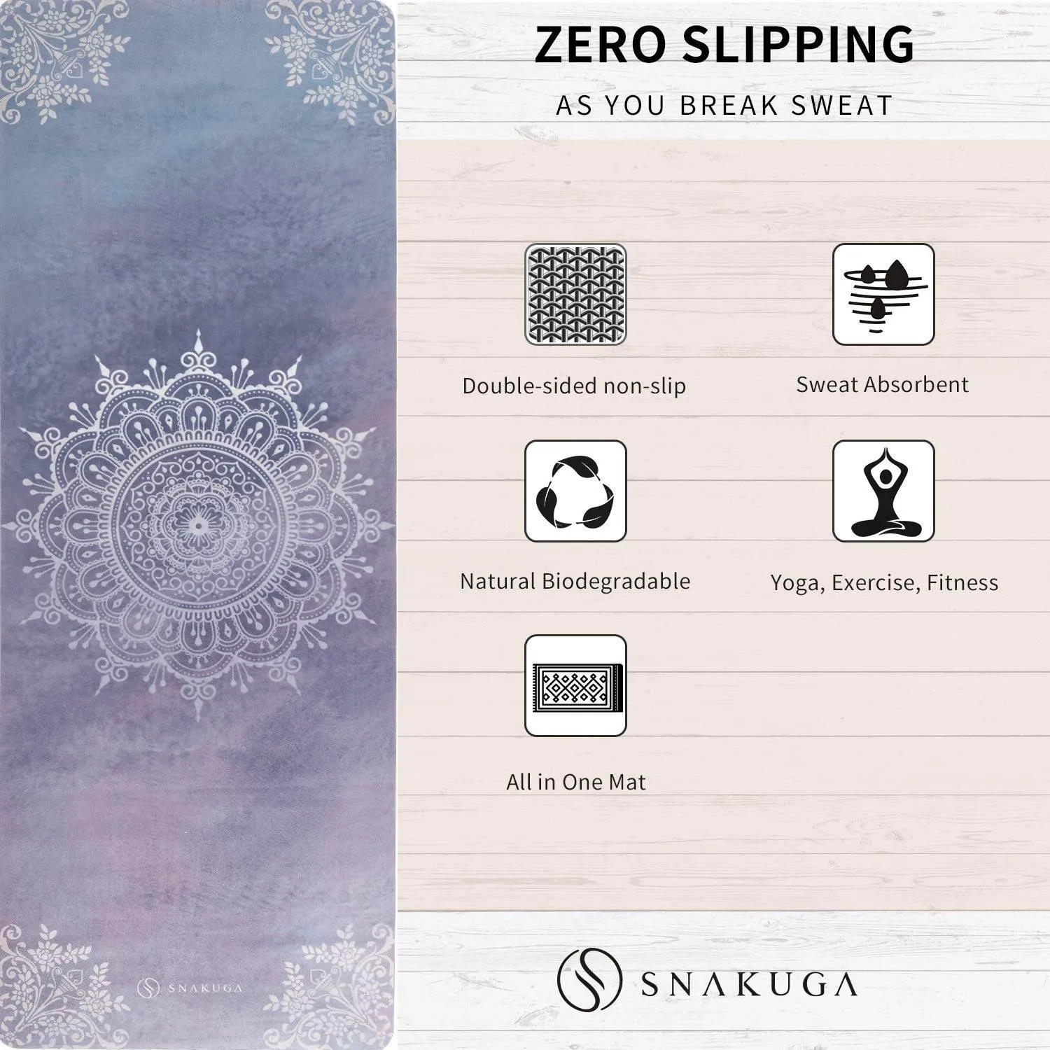 SNAKUGA Travel Yoga Mat, Non Slip Exercise Suede Mat with Carry Bag, All-Purpose Fitness Mat with High Density Anti-Tear Surface for Women, Ideal for Pilates Workout (72'' x 26'' x 1.5mm Thick)