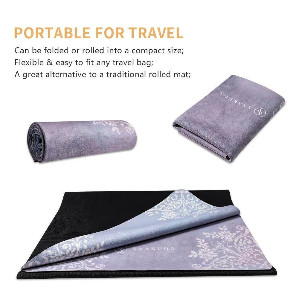 SNAKUGA Travel Yoga Mat, Non Slip Exercise Suede Mat with Carry Bag, All-Purpose Fitness Mat with High Density Anti-Tear Surface for Women, Ideal for Pilates Workout (72'' x 26'' x 1.5mm Thick)