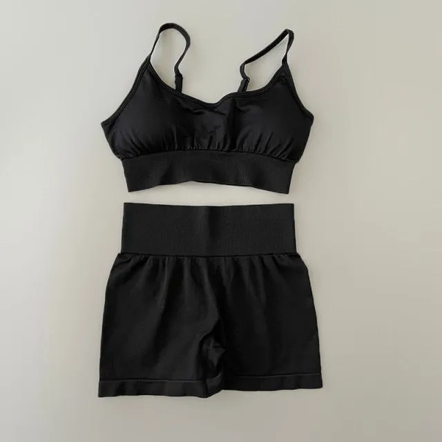 Sport Suit Women Workout Sportswear Fitness Bra Cross Strap Crop Top High Waisted Shorts Athletic Seamless Yoga Set Gym Clothing