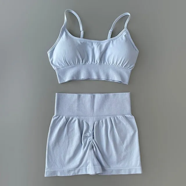 Sport Suit Women Workout Sportswear Fitness Bra Cross Strap Crop Top High Waisted Shorts Athletic Seamless Yoga Set Gym Clothing