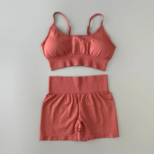 Sport Suit Women Workout Sportswear Fitness Bra Cross Strap Crop Top High Waisted Shorts Athletic Seamless Yoga Set Gym Clothing