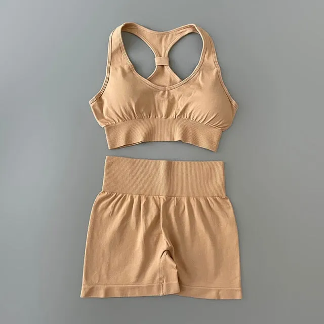 Sport Suit Women Workout Sportswear Fitness Bra Cross Strap Crop Top High Waisted Shorts Athletic Seamless Yoga Set Gym Clothing