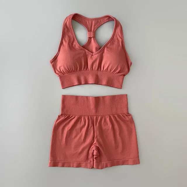 Sport Suit Women Workout Sportswear Fitness Bra Cross Strap Crop Top High Waisted Shorts Athletic Seamless Yoga Set Gym Clothing
