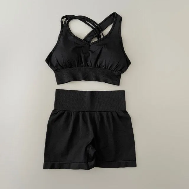 Sport Suit Women Workout Sportswear Fitness Bra Cross Strap Crop Top High Waisted Shorts Athletic Seamless Yoga Set Gym Clothing