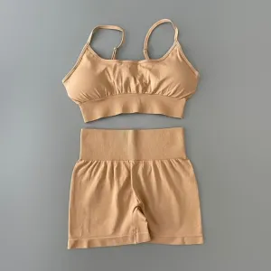 Sport Suit Women Workout Sportswear Fitness Bra Cross Strap Crop Top High Waisted Shorts Athletic Seamless Yoga Set Gym Clothing