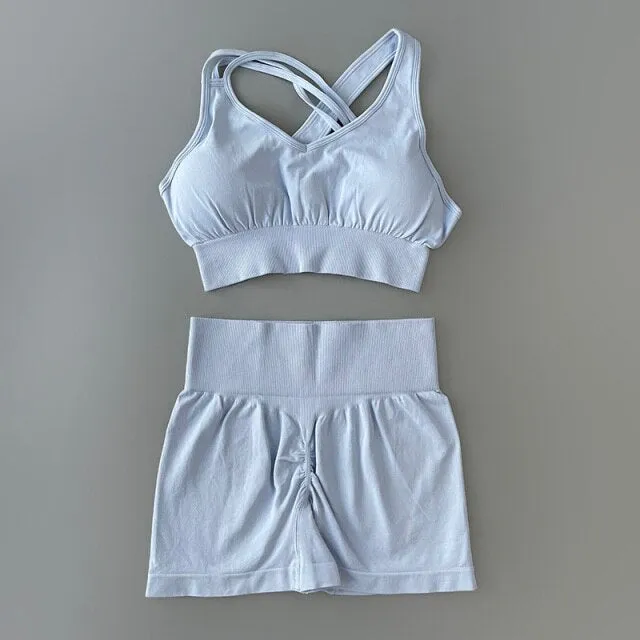 Sport Suit Women Workout Sportswear Fitness Bra Cross Strap Crop Top High Waisted Shorts Athletic Seamless Yoga Set Gym Clothing