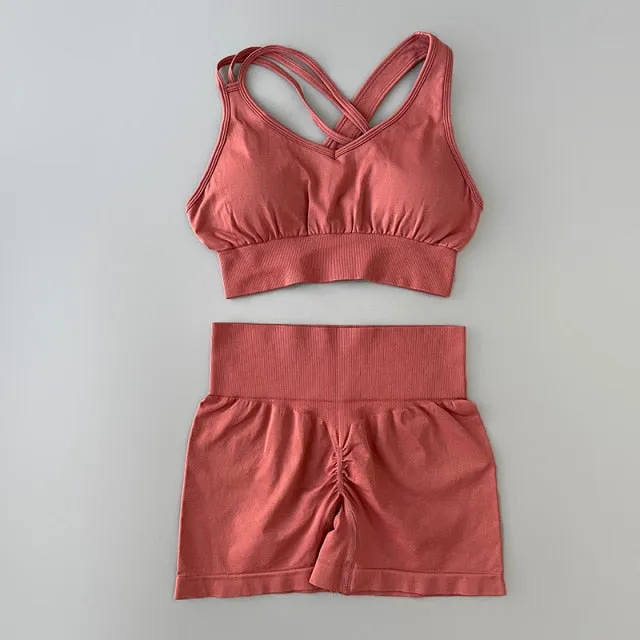 Sport Suit Women Workout Sportswear Fitness Bra Cross Strap Crop Top High Waisted Shorts Athletic Seamless Yoga Set Gym Clothing
