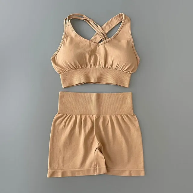 Sport Suit Women Workout Sportswear Fitness Bra Cross Strap Crop Top High Waisted Shorts Athletic Seamless Yoga Set Gym Clothing