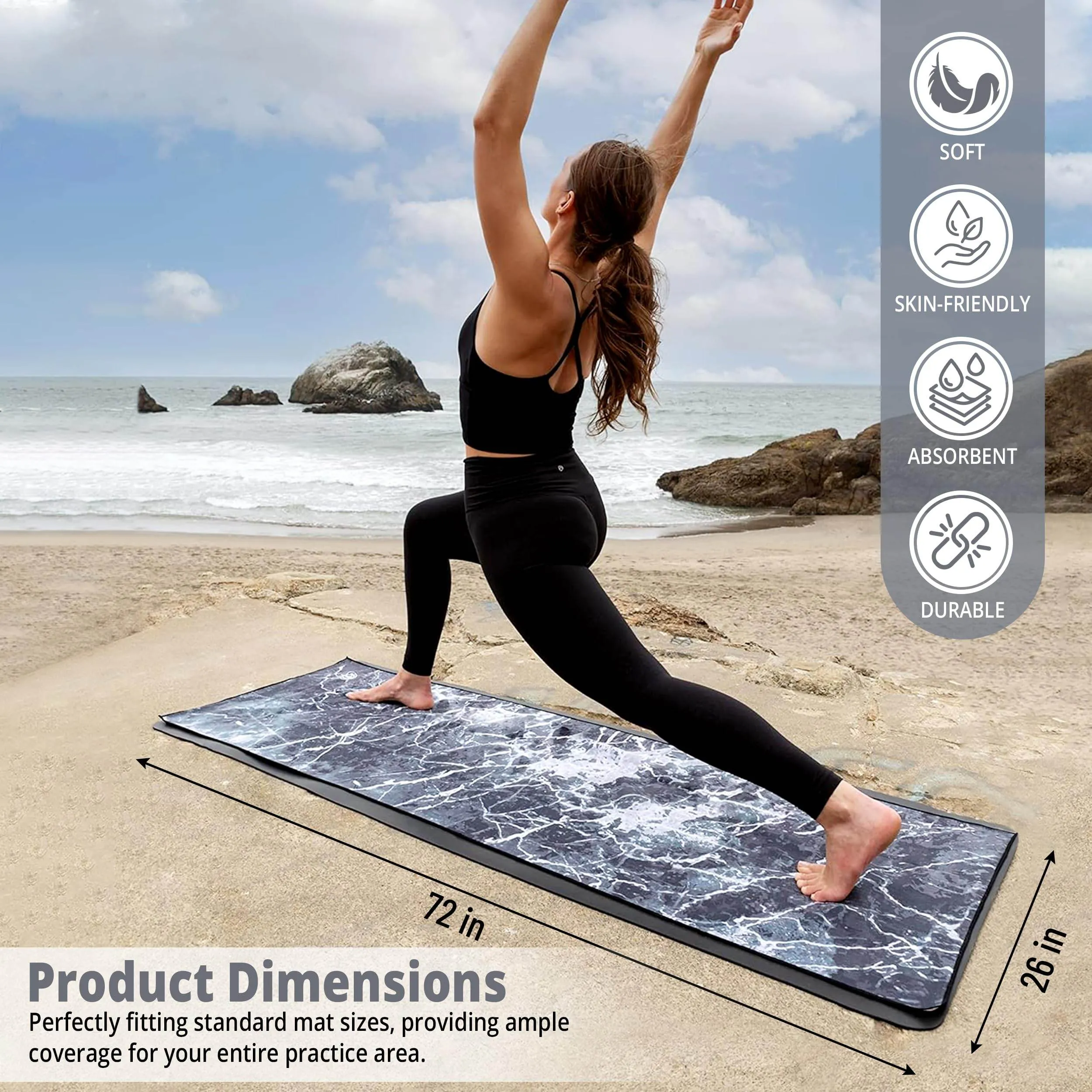 Third Eye Yoga - Hot Yoga Towel For Mat Absorbent Yoga Towels for Hot Yoga Non Slip Quick Drying Microfiber Yoga Mat Towel Premium Grip Technology Yoga Pilates General Fitness 72” x 26” (White Marble)
