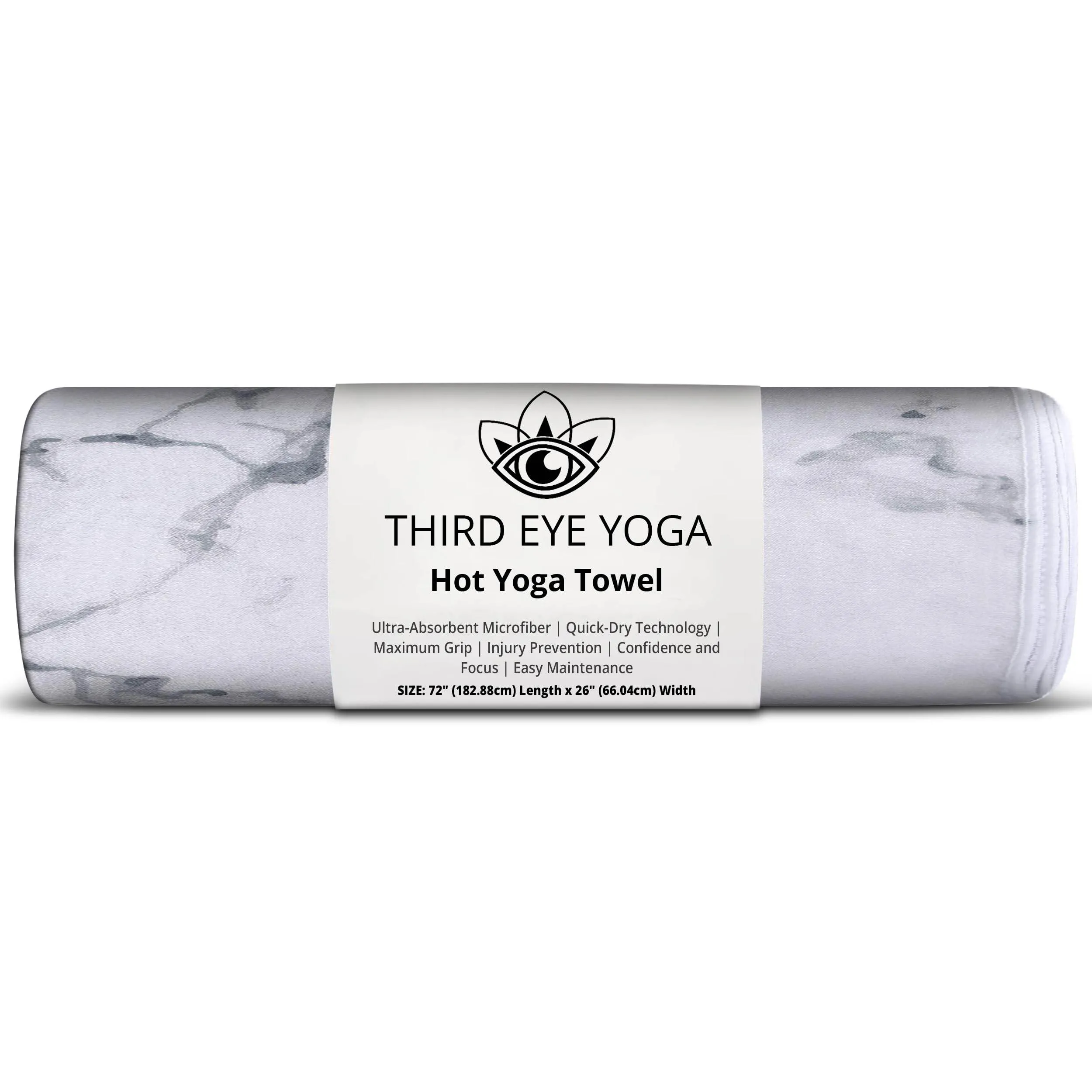 Third Eye Yoga - Hot Yoga Towel For Mat Absorbent Yoga Towels for Hot Yoga Non Slip Quick Drying Microfiber Yoga Mat Towel Premium Grip Technology Yoga Pilates General Fitness 72” x 26” (White Marble)