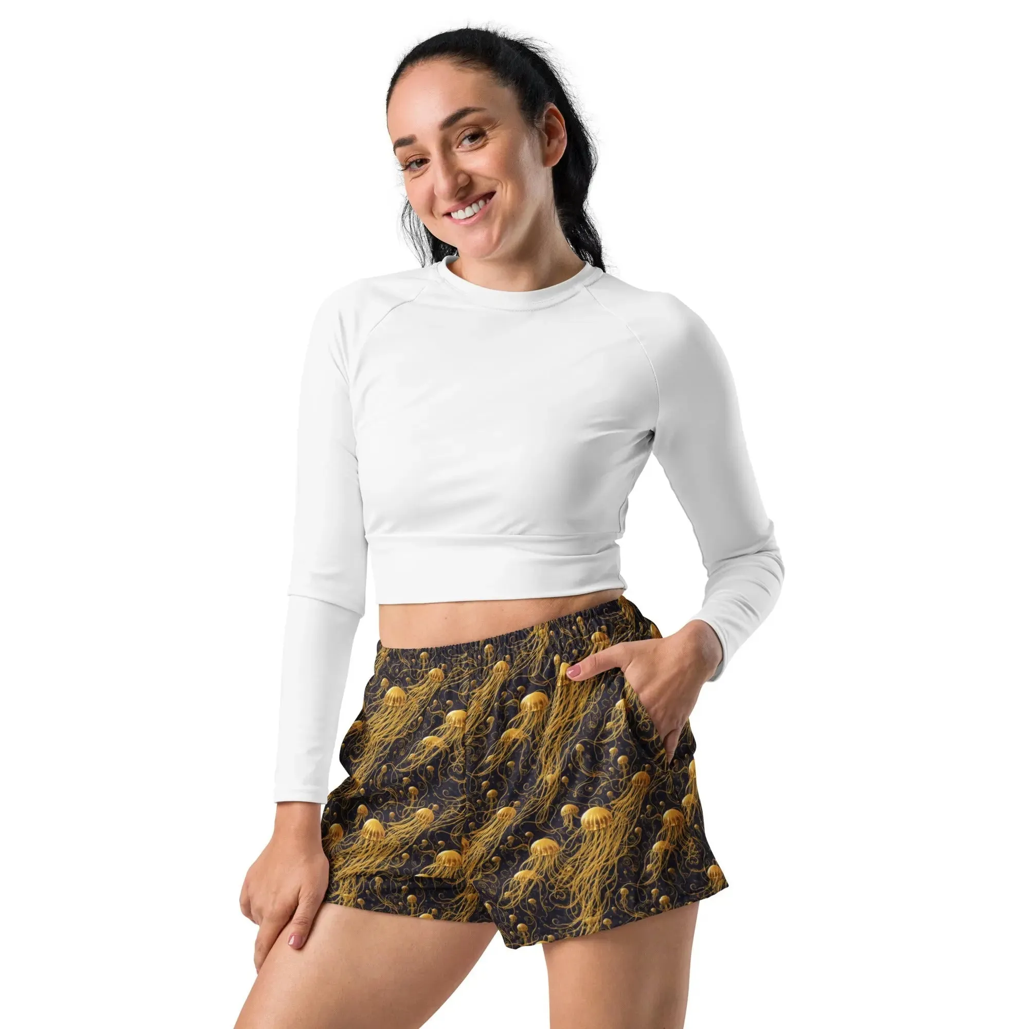 Unisex Athletic Shorts - Black and Gold Jellyfishes