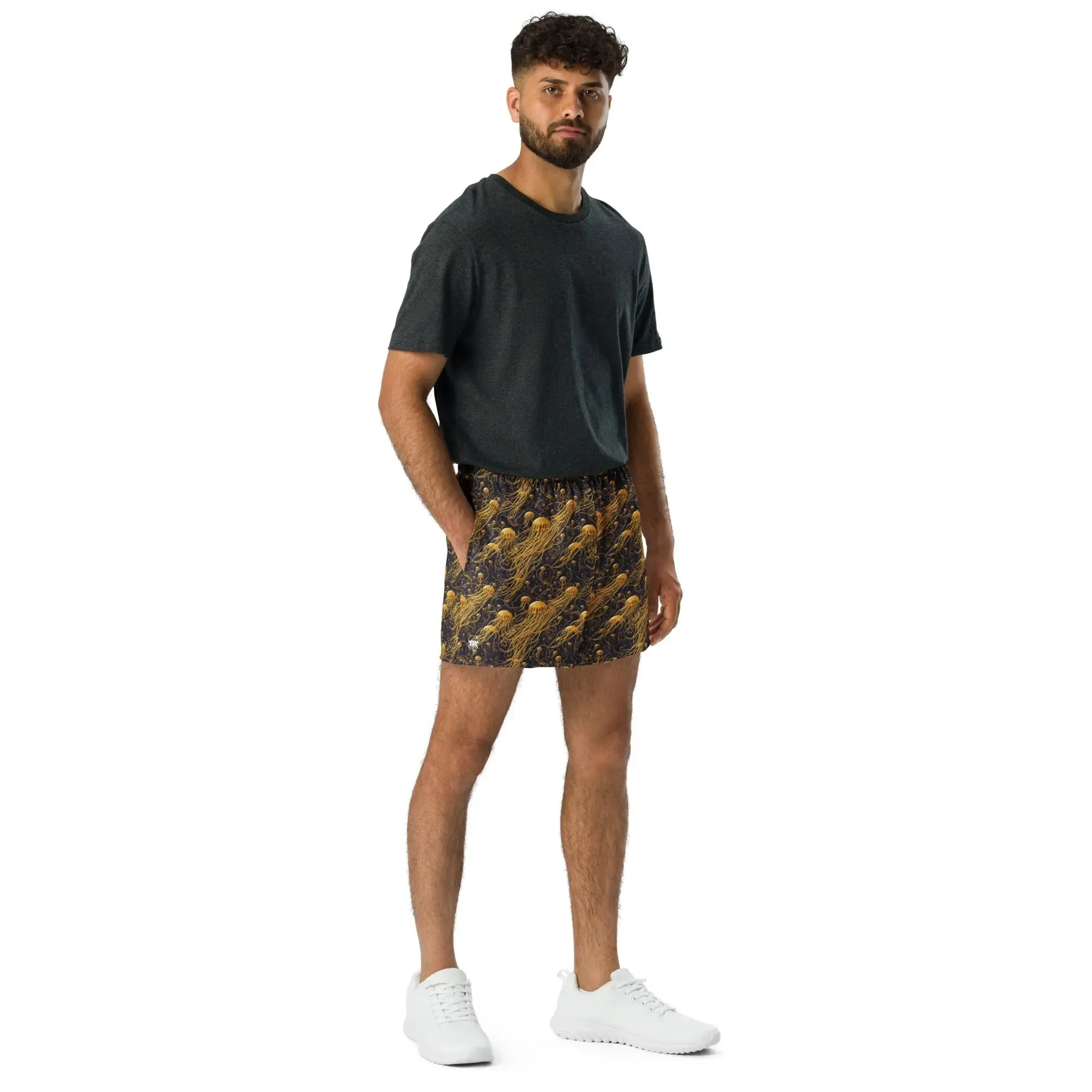 Unisex Athletic Shorts - Black and Gold Jellyfishes