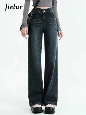 Vintage Loose Women's Wide Leg Pants High Waist Solid Color Jeans
