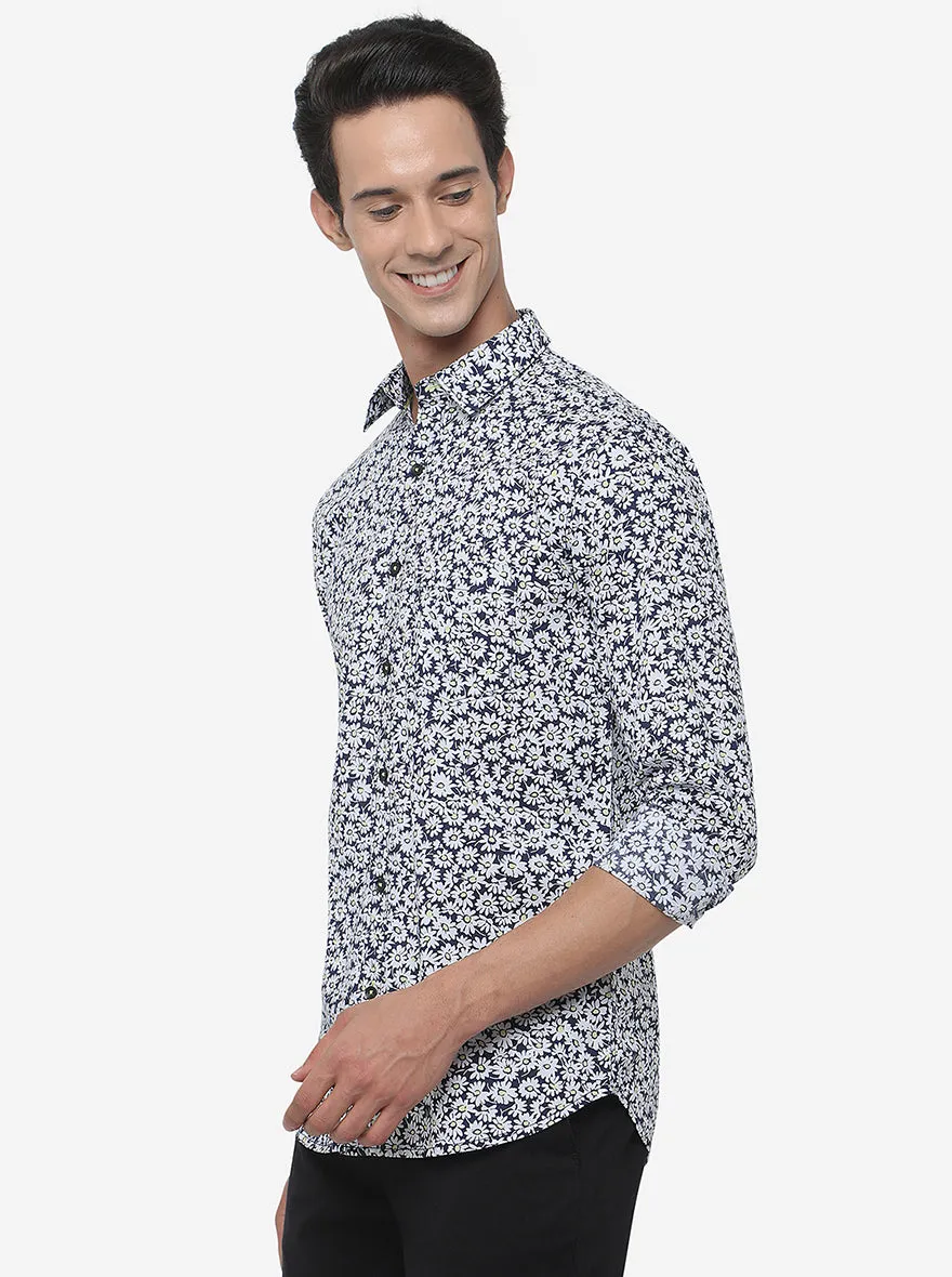 White & Blue Printed Slim Fit Semi Casual Shirt | JadeBlue
