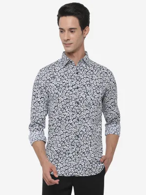White & Blue Printed Slim Fit Semi Casual Shirt | JadeBlue