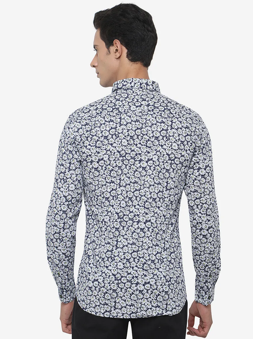 White & Blue Printed Slim Fit Semi Casual Shirt | JadeBlue