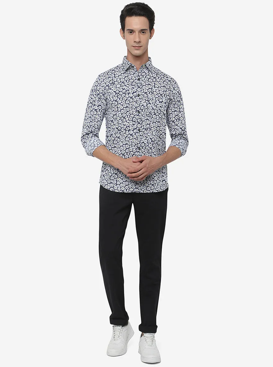 White & Blue Printed Slim Fit Semi Casual Shirt | JadeBlue