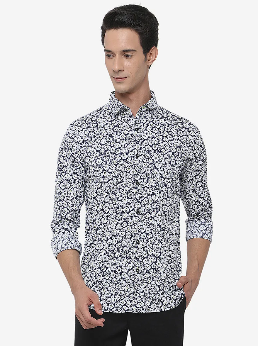 White & Blue Printed Slim Fit Semi Casual Shirt | JadeBlue